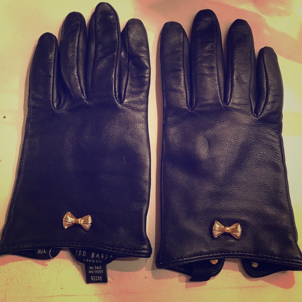 Ted Baker Black Leather Gloves w gold bows!